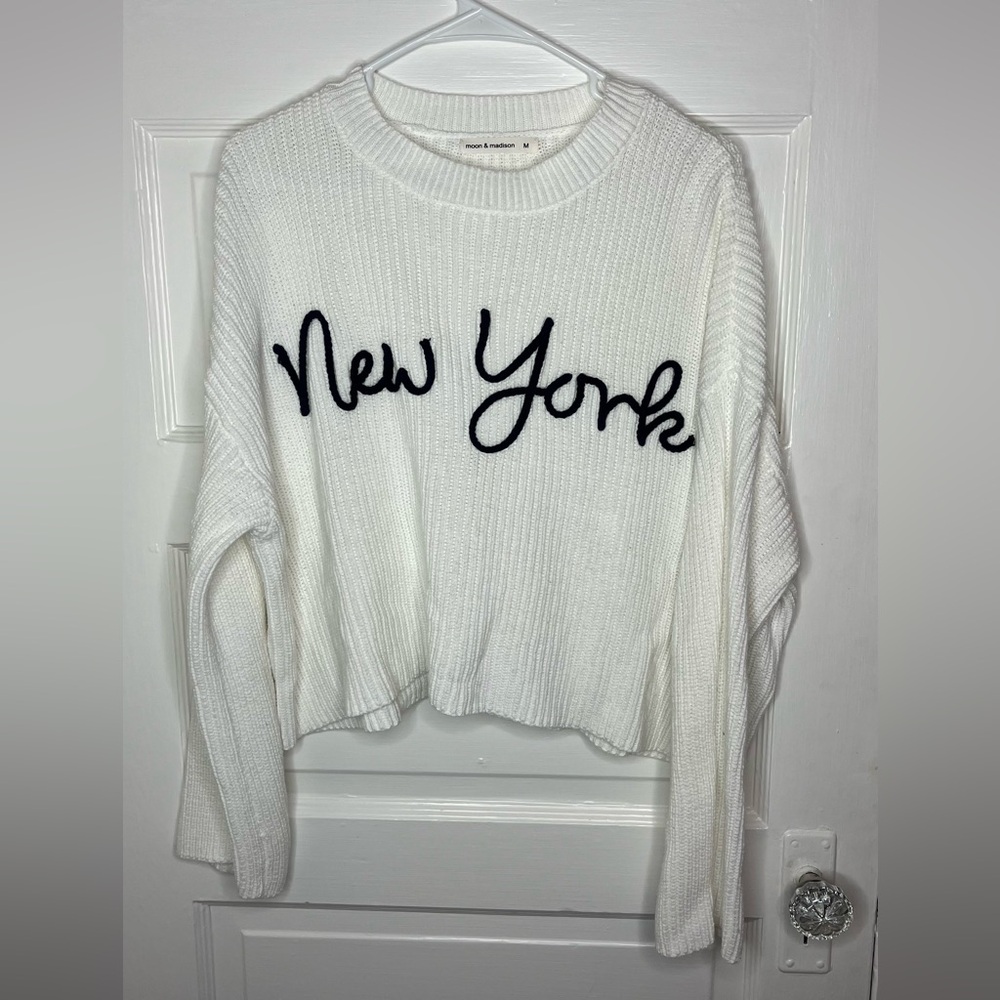 Moon & Madison White Knit Sweater New York Front Dressy